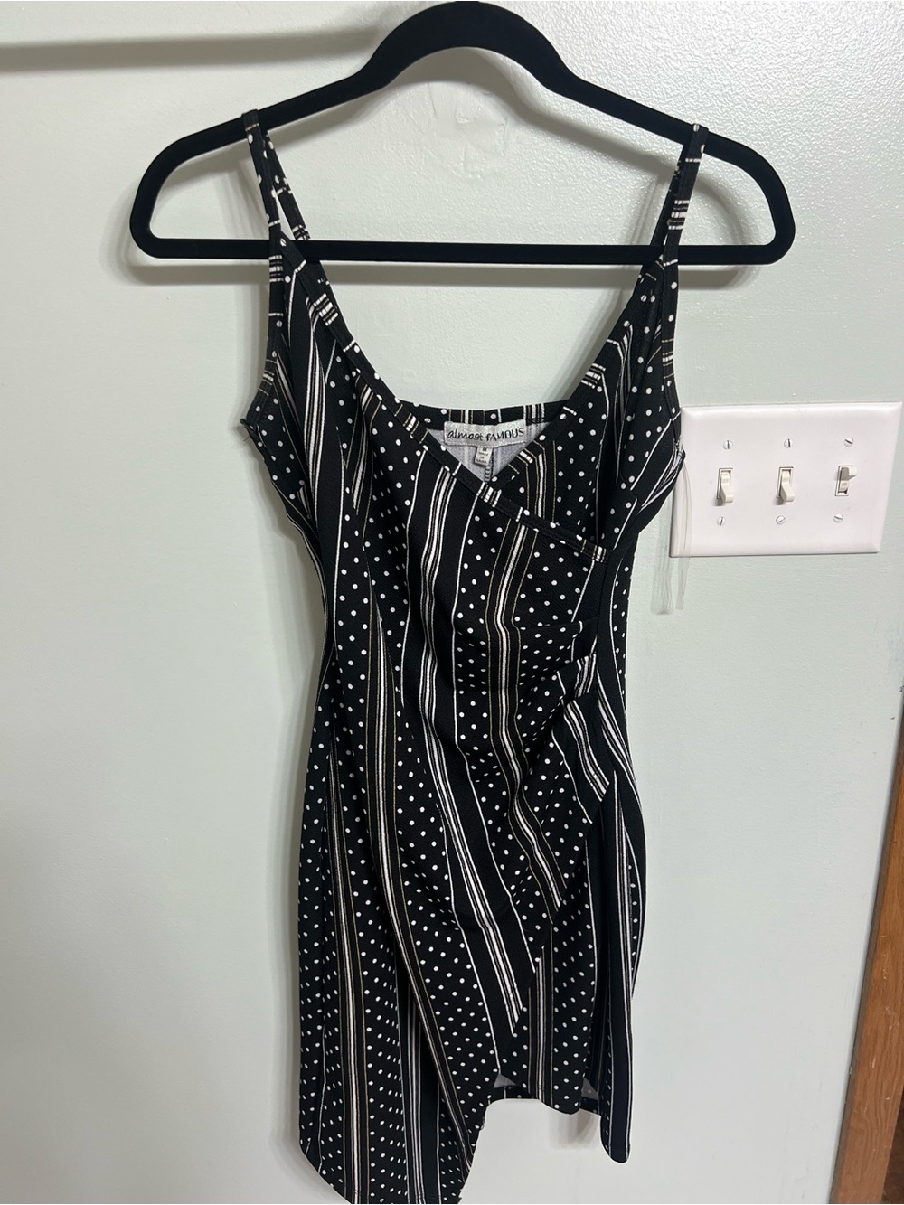 Almost Famous Black & White Polka Dot and Tan Stripe Mini Dress